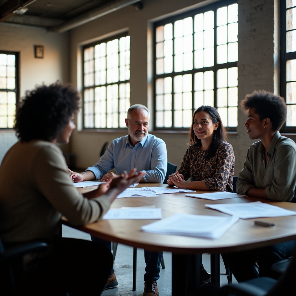 Marketing and sales colleagues discussing attribution data together in a workshop room